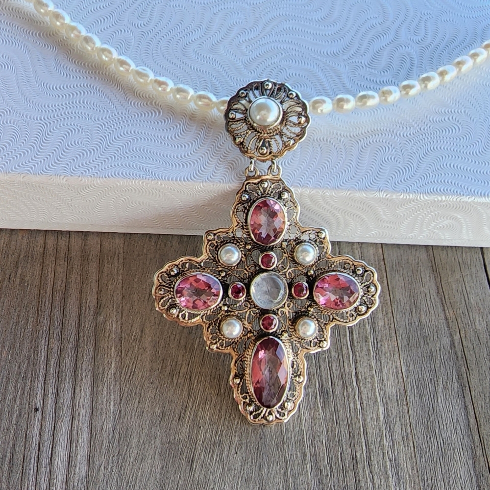 Nicky Butler Sterling Silver Pink Quartz Rhodolite Cross Pendant Pearl Necklace - Picture 8 of 16
